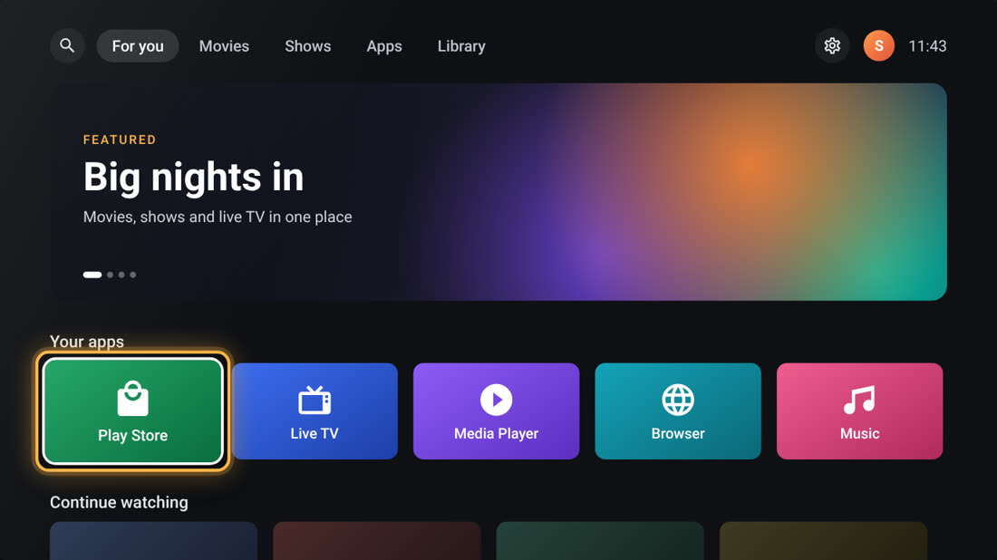 TV home screen with the Play Store app highlighted