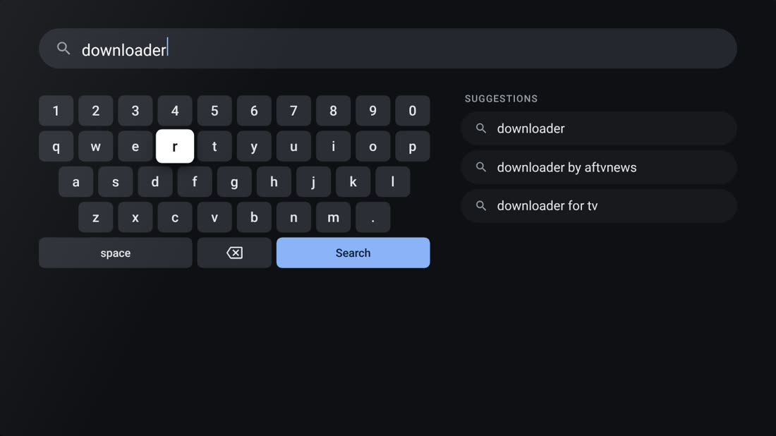 Play Store search with downloader typed on the TV keyboard
