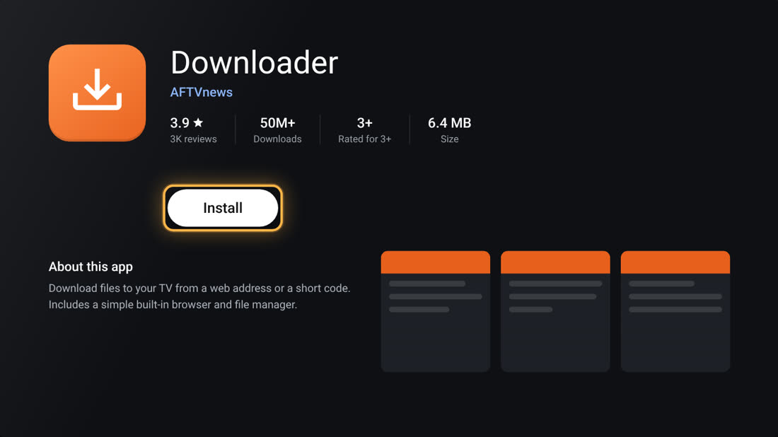 Downloader app page with the Install button highlighted