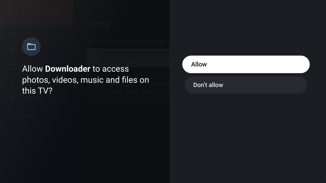Permission screen asking to allow Downloader to access files, with Allow highlighted