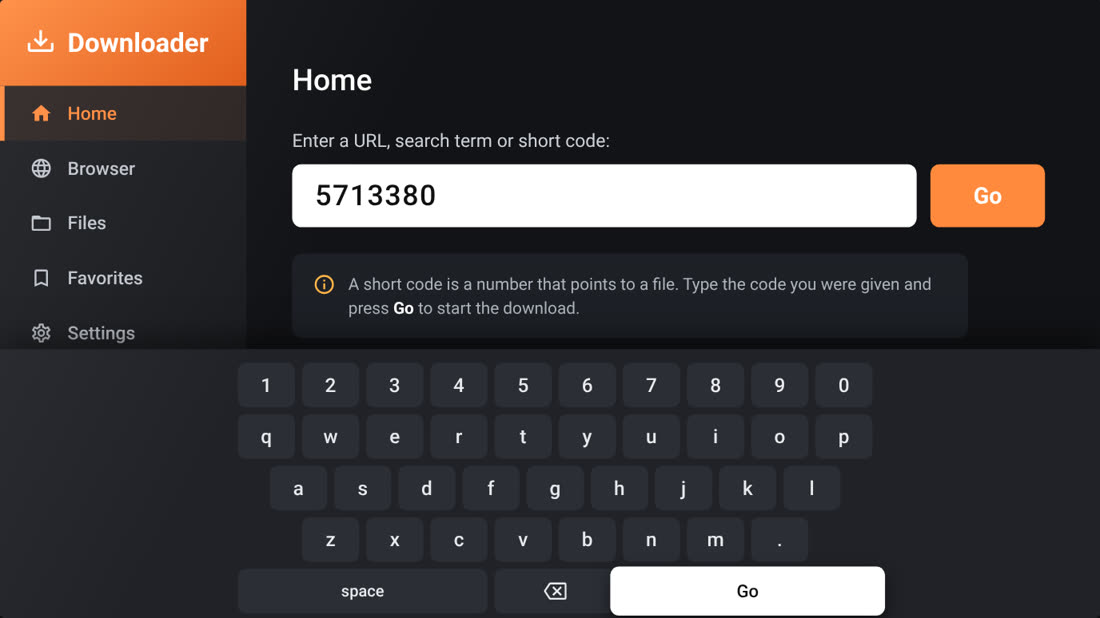 Downloader home screen with 5713380 typed into the box