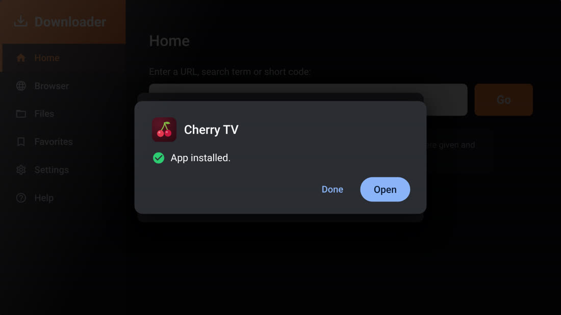 App installed message for Cherry TV with Open highlighted
